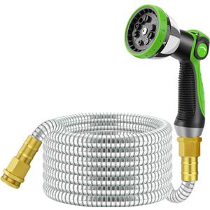 25 FT Stainless Steel Garden Hose with 10-Function Spray Nozzle, Kink-Free Flexible Metal Water Hose, Solid Brass 3/4'' Connectors, Heavy Duty, Durable, Leak-Proof, Lightweight, Tangle-Free