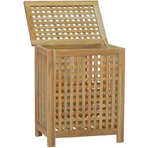 Solid Teak Wood Laundry Hamper 50 x 35 x 60 cm Square Laundry Basket with Lid Modern Grid Design Save Space in Bathroom or Bedroom