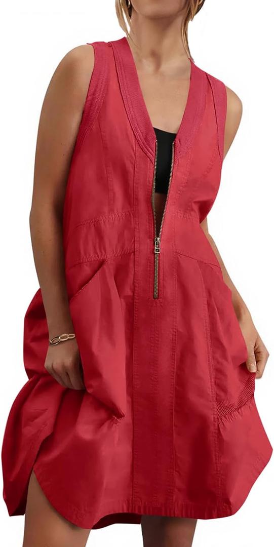 Fisoew Women's Sleeveless Tank Mini Dress Casual Half Zip V Neck Loose Mesh Back Utility Summer Dresses with Pockets (X-Large, Red)