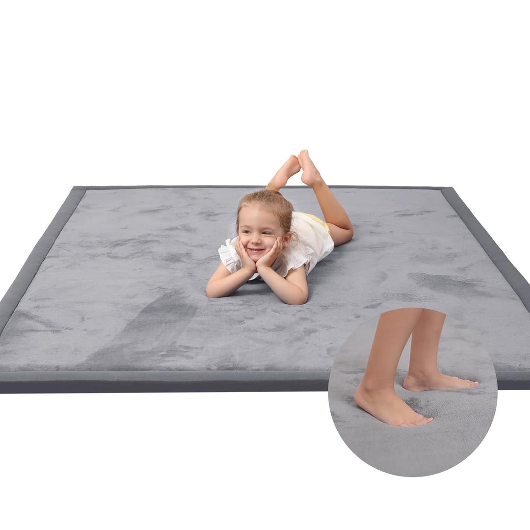 Baby Play Mat for Floor,1.3" Thick Memory Foam Tummy Time Mat, Soft Coral Velvet Nursery Rug, Large Non Slip for Crawling, Toddlers, Infants, Kids, Yoga & Tatami Style for Living Room(Dark Gray)