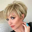 PHOCAS Pixie Cut Wigs Short Stylish Fluffy Layer Wig None Lace Replacement Wig with Bangs for Women Brown Mix Blonde Wig Short