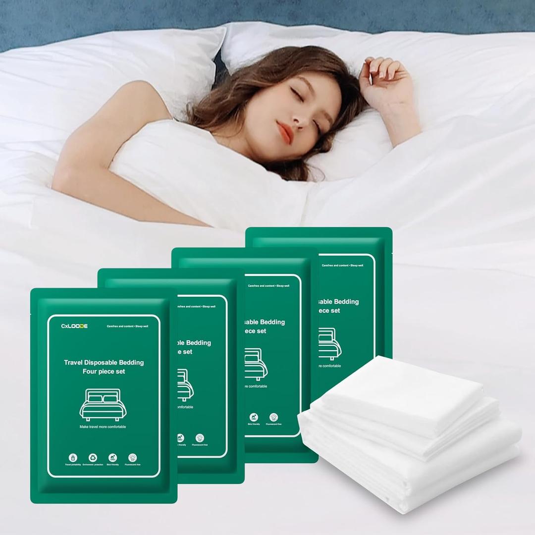 4 Pack Disposable Bed Sheet Queen Size for Hotel, Portable Bedspread, Disposable Bedding Set with Bed Sheet Quilt Cover and Pillowcase for Travel SPA Hotel