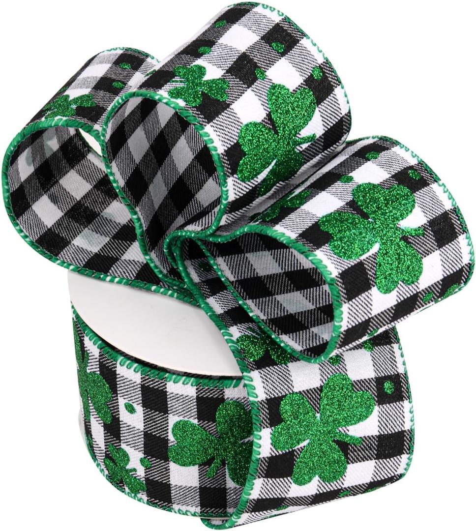 2 x St. Patrick's Day Shamrock Ribbons for Gifts Wrapping, Natural Burlap Wired Edge Ribbons (Black and White)