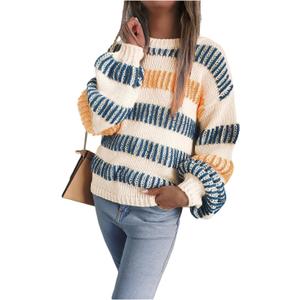 Verdusa Women's Oversized Striped Sweater Colorful Chunky Sweaters Streetwear Knit Pullover Tops (Beige, S)