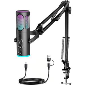 PUPGSIS Gaming Microphone for PC, USB Condenser Mic for PS4/5 and Mac, Noise Cancellation Computer Mic with Mute, Reverb, Adjustable Boom Arm, Pop Filter for Streaming/Podcasting/Recording/YouTube