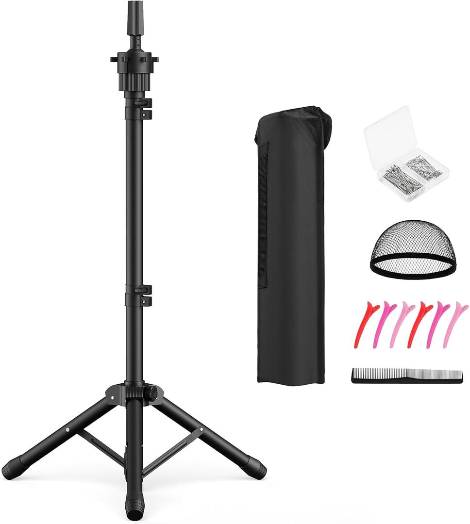 Wig Head Stand 50 Inches, Height Adjustable Tripod Wig Stand, Salon Mannequin Head Stand with Anti-Slip Base for Styling, Wig Display Barber Training, Beauty School (Black)