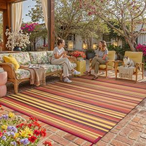 Outdoor Plastic Straw Rug Waterproof Patio 8x10 Red Orange Stripe Mat for Porch Camping RV Balcony Deck Courtyard Reversible Lightweight Durable Portable Carpet