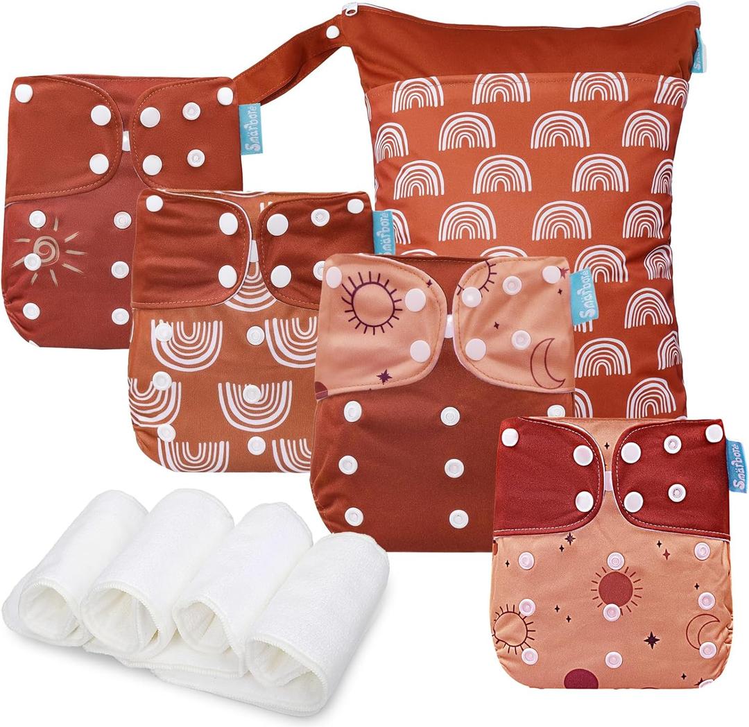 Baby Cloth Diapers Set - 4 Pack with 4 Inserts & 1 Wet Dry Separation Bag, Reusable Infant Toddler Nappy, Adjustable Pocket Diapers for Baby Boys and Girls (6-33 pounds, 0-3 Years) (Style 1)