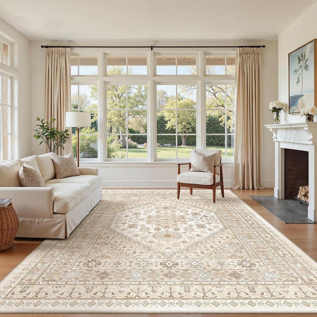 Zesthome 7x9 Area Rug, Super Soft Washable Rugs for Living Room, Non-Slip Stain Resistant Vintage Rugs, Ultra-Thin Large Area Rugs (Cream/Beige,7'x9')