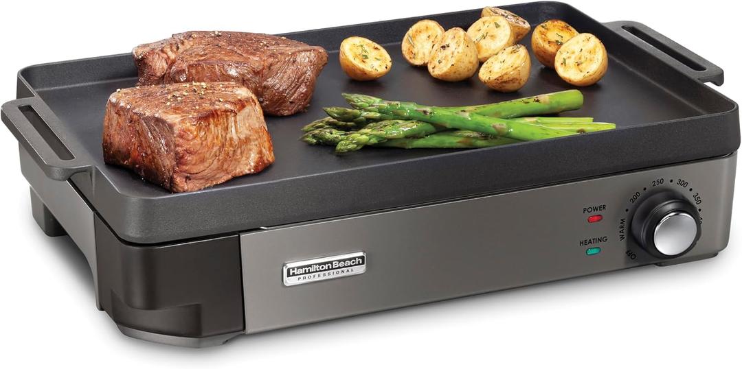 Hamilton Beach Professional Cast Iron Indoor Electric Grill & Griddle, 10" x 16" Preseasoned Cooking Surface, Adjustable Temperature up to 450 F, Black (38560)