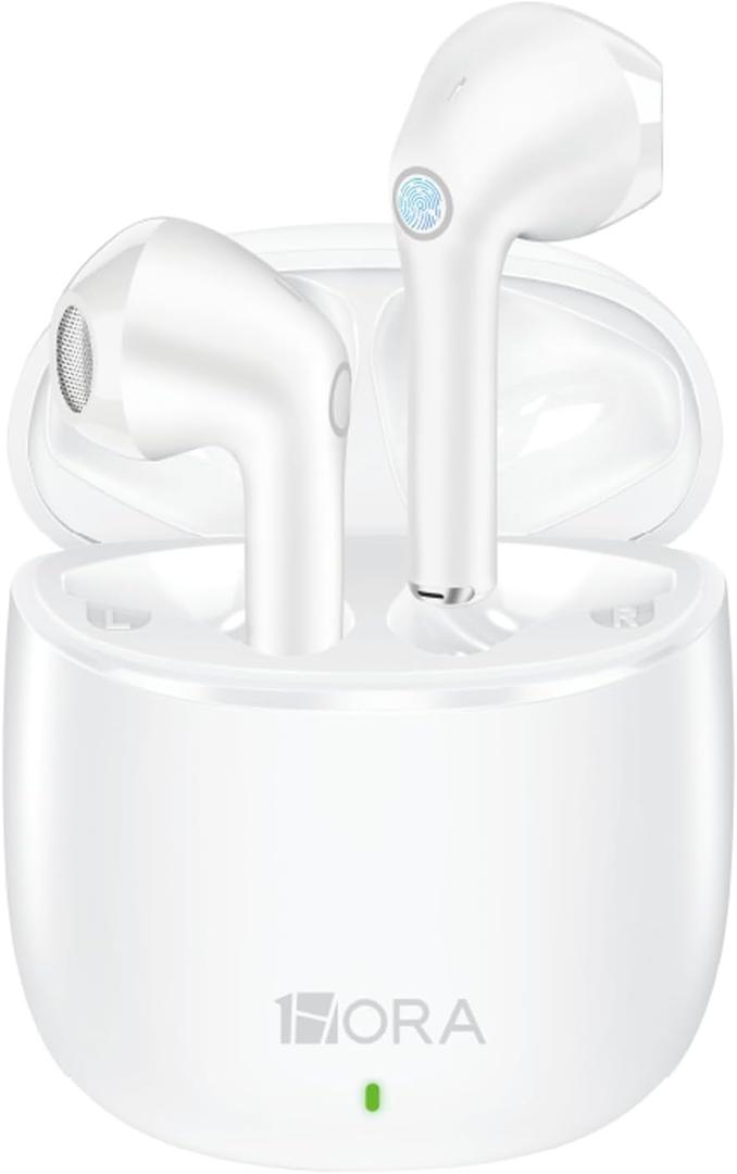 1 Hora Wireless Earbuds Bluetooth 5.3 Headphones Deep Bass in-Ear Earphones Premium Sound with Mic Charging Case for iPhone, Tablet, Android Smartphone Laptop Sports (White)