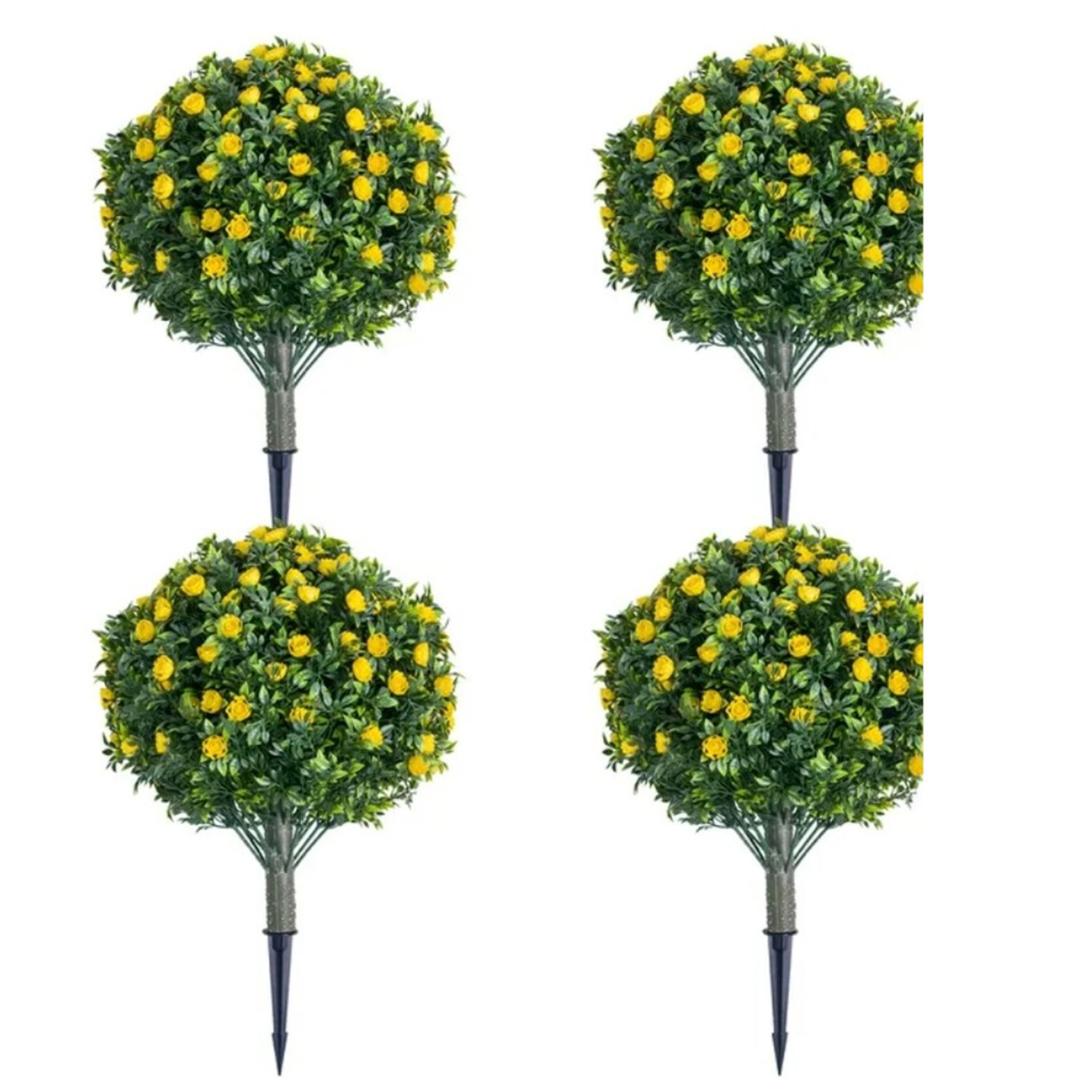 Yunlly 4 Pcs Artificial Flowers Fake Boxwood Topiary Ball Tree 27 Inch Outdoor Faux Bush Balls, Realistic UV Resistance Fake Shrub Plant with Spike for Garden Porch Patio Indoor Decor (Yellow)