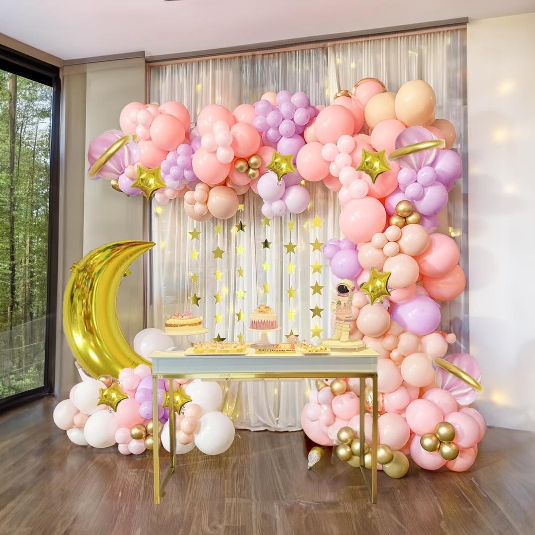 Two the Moon Balloons Arch Garland Girl Outer Space Party Decorations with Moon and Star Foil Balloons Pastel Pink Purple Balloon For Twinkle Little Star Baby Shower