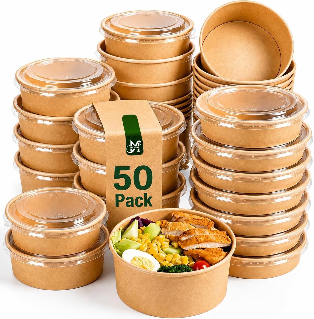 50Pcs 32 Oz Disposable Bowls with Lids, Kraft Paper Soup Bowls, Disposable Salad Bowls with Lids, Large Paper Bowls for Meal Prep, Hot & Cold Food