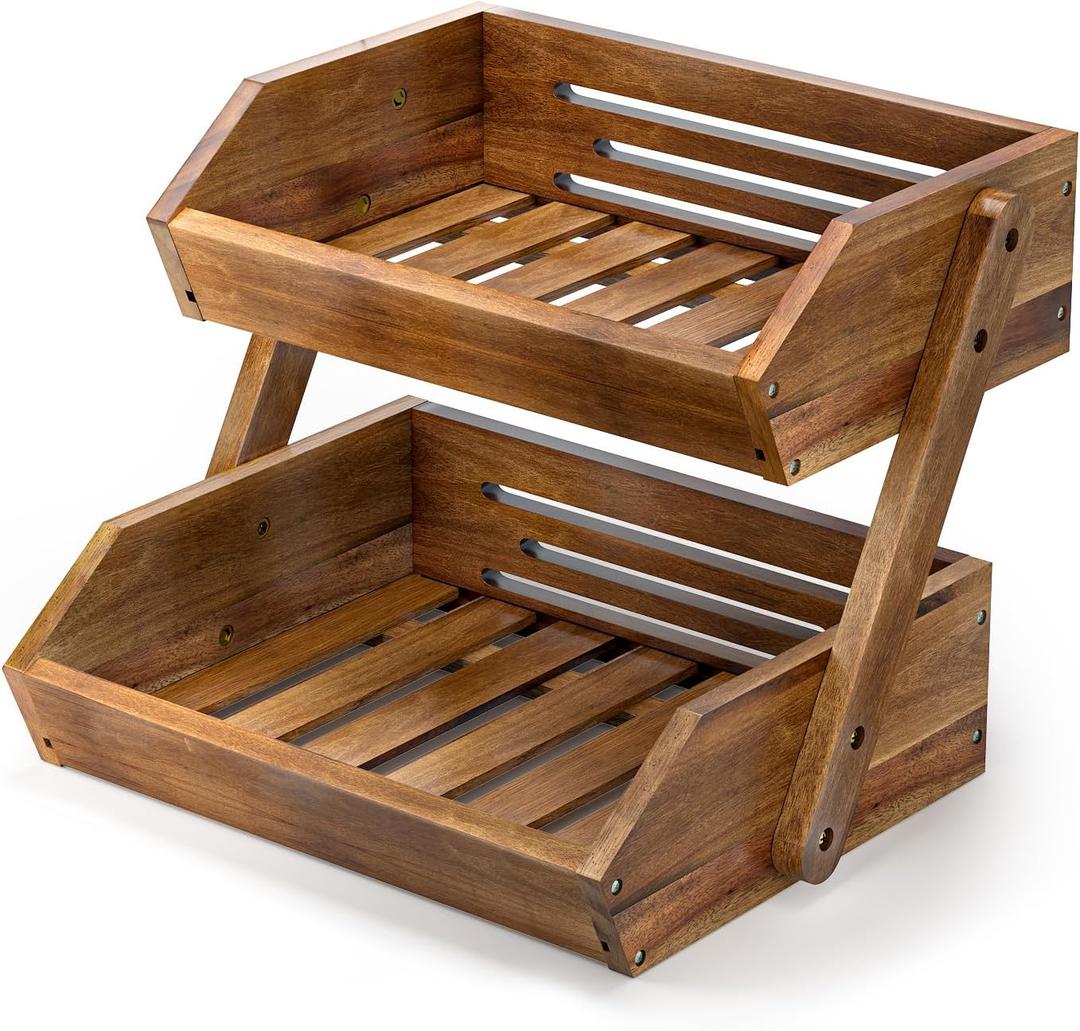 G.a HOMEFAVOR Fruit Basket: 2Tier Acacia Wood Fruit Bowl for Kitchen, Fruit Stand Storage Holder for Vegetables and Snack Home Kitchen Countertop Organizer (Selfassembly)