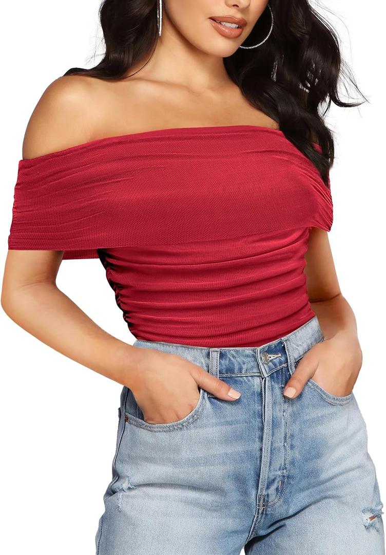 SAUNGKUAI Women's Short Sleeve Bodysuit Off the Shoulder Mesh Ruched One Piece Body Suits Summer Outfits (X-Large, Red)