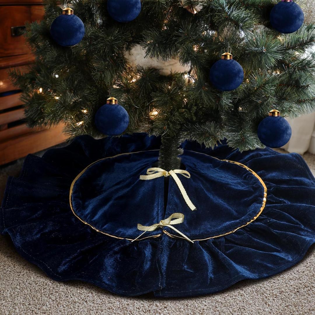 Mini Christmas Tree Skirt Velvet Plush Tiny 20 Inch Navy Blue Vintage Christmas Tree Skirts Luxury Miniature Farmhouse Xmas Decorations for Home Party Winter