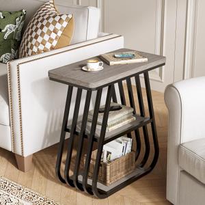LITTLE TREE 25-Inch Tall End Table for Living Room, 3-Tier Side Table for Small Spaces, Industrial Narrow Side Table with Storage Shelf in Gray and Black (Set of 2)