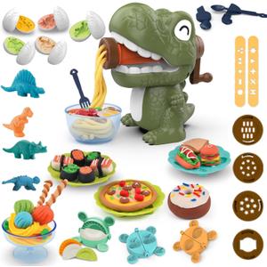 Dinosaur PlayDough Sets for Kids 3-6, Dino Noodle Maker Toy, Toddler Play Clay Kit with Dinosaur Modle Eggs, Arts and Crafts Tools Gift for 3 4 5 6 7 8 Year Old Girls Boys