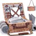 Picnic Basket with Blanket and Wine Pouch for 2 Wicker Picnic Set with Insulated Liner Cooler Bag Hamper for Camping,Wedding - Stripes