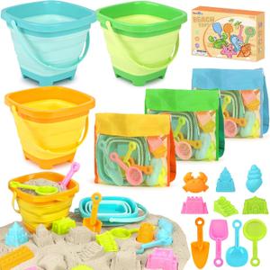 Dreamon Beach Toys for Kids 3-10, Collapsible Sand Toys Include 3 Pack Foldable Buckets with Mesh Bag, 24 PCS Beach Mold and Shovels Molds, Travel Sandbox Beach Toys for Toddler