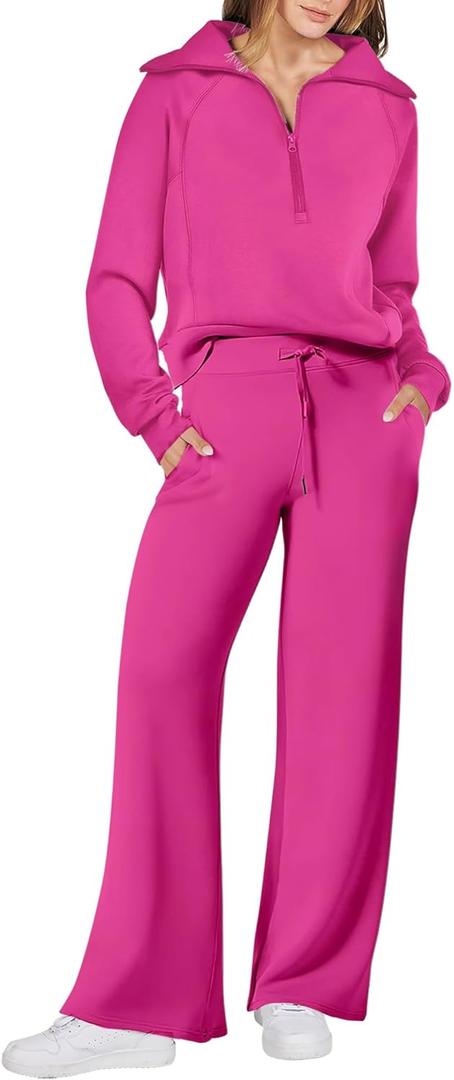ANRABESS Women 2 Piece Outfits 2025 Fall Fashion Airport Wide Leg Pants Lounge Set Leisure Travel Vacation Clothes Sweatsuits (Large, Hot Pink)