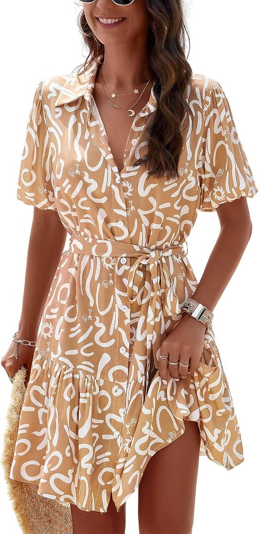 Womens Button Down Shirt Dresses with Belt Business Casual Aline Spring Summer Sun Dresses for Women 2025 (Medium, Khaki)