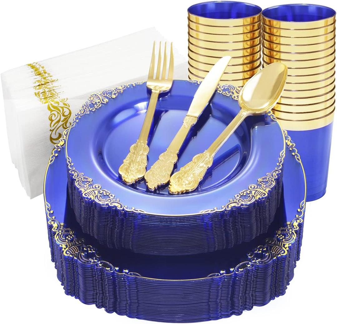 Nervure 175PCS Clear Blue Plastic Plates - Gold Plastic Plates Sets Include 25Dinner Plates, 25Dessert Plates, 25Cups, 25Forks, 25Knives, 25Spoons, 25Napkins for Weddings & Independence Day
