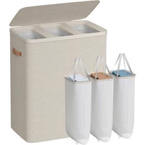 SONGMICS Laundry Basket, 50.2 Gal. Laundry Hamper, 3 Compartments, Easy Assembly, with Lid and Handles, Removable Liners, 25.2 x 15.7 x 29.5 Inches, Cappuccino Beige ULCB814LH01, 190 L