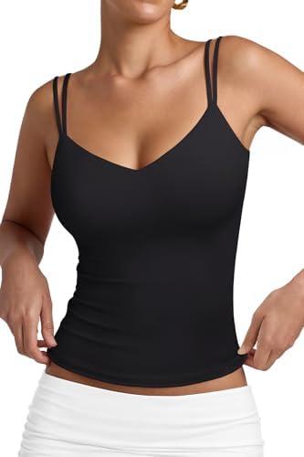 PINKMSTYLE Women Sexy V Neck Tank Top Sleeveless Double Lined Slim Fit Summer Double Spaghetti Strap Cami Going Out Tops, Medium