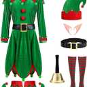 7 Pcs Women Christmas Elf Costume Set Santa's Helper Velvet Dress Xmas Outfit Elf Ears Hat Shoes Belt Socks Bell (XXL)