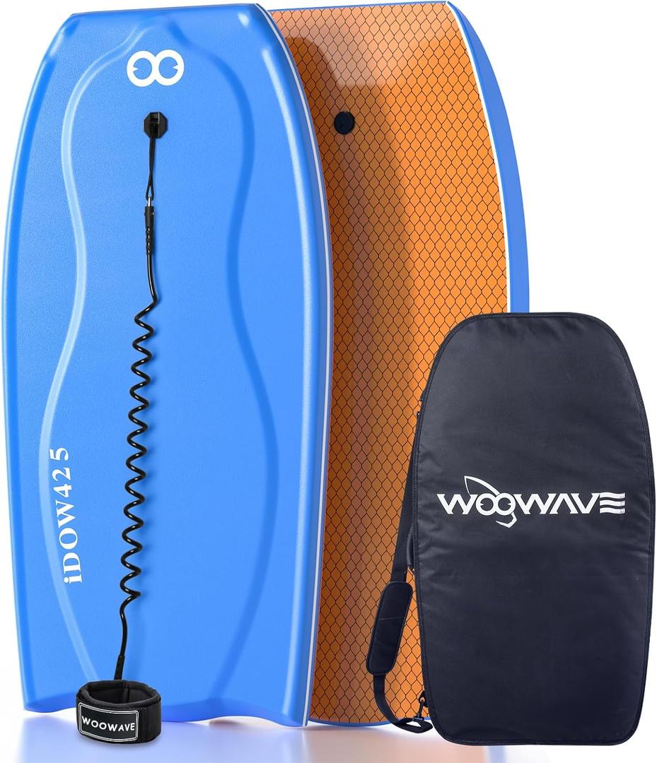 WOOWAVE Bodyboard 42.5-inch Body Board with PE Core,IXPE Surface,HDPE Slick Bottom,Coming with Premium Coiled Wrist Leash Bodyboard Bag Perfect Surfing for Adults Surfer (Blue/Gray)
