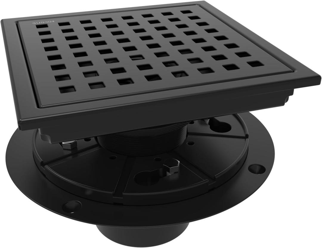 6 Inch Square Shower Floor Drain with Flange,Quadrato Pattern Grate Removable,Food-Grade SUS 304 Stainless Steel,Watermark&CUPC Certified,Matte Black