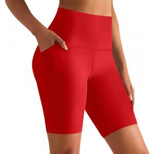 8'' Biker Shorts Women with Pockets - High Waisted Tummy Control Yoga Workout Running Gym Spandex Shorts, Red, Medium
