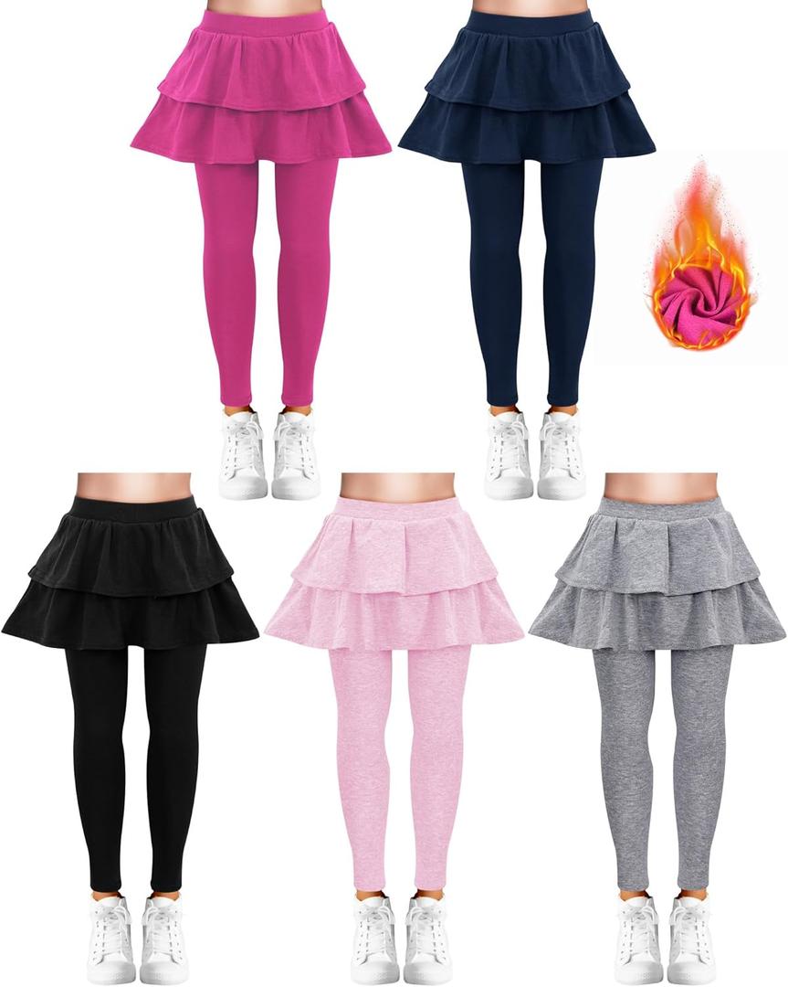 Taiyin 5 Pack Girls Leggings with Skirt Kid School Uniform Skirt Pants Ruffle Tutu Leggings for Winter Warm Clothes 4-12 Year (Elegant Color)