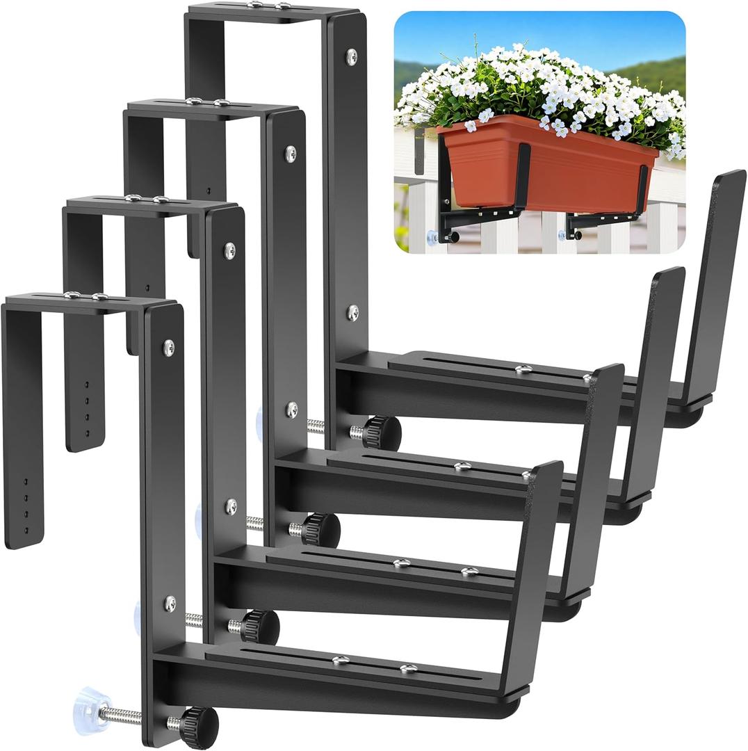Window Box Brackets, Adjustable Planter Box Brackets, Heavy Duty Iron Flower Box Brackets for Railings, with Enhanced Bottom Support - Perfect for Balconies, Fences, and Gardens (4 Pack)