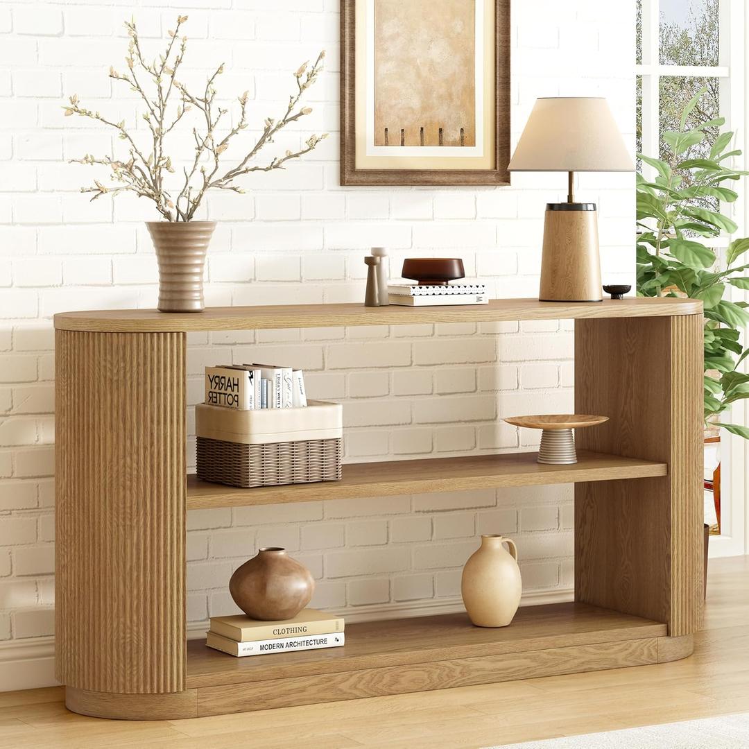 Merax Modern Entryway Console Table with Triple-Tier Storage, Slim Sofa Table with Open Shelf & Elegant Wood Grain, Multi-Functional Hallway Table for Living Room, Natural
