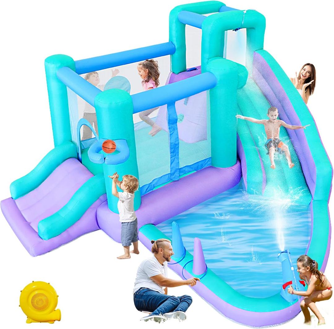Bestsun Inflatable Bounce House Water Slide, 141 x 138 x 78 Inches Blow Up Water Slides, Splash Pool, Basketball, Ring Toss Game, Target Balls, Water Cannon, Climbing Wall, Blower Included