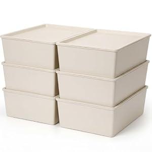 Menkxi 6 Pcs Plastic Storage Bins with Lids Stackable Storage Containers Durable Box Baskets for Organizing Shelves Playroom Classroom Office (Large, White)