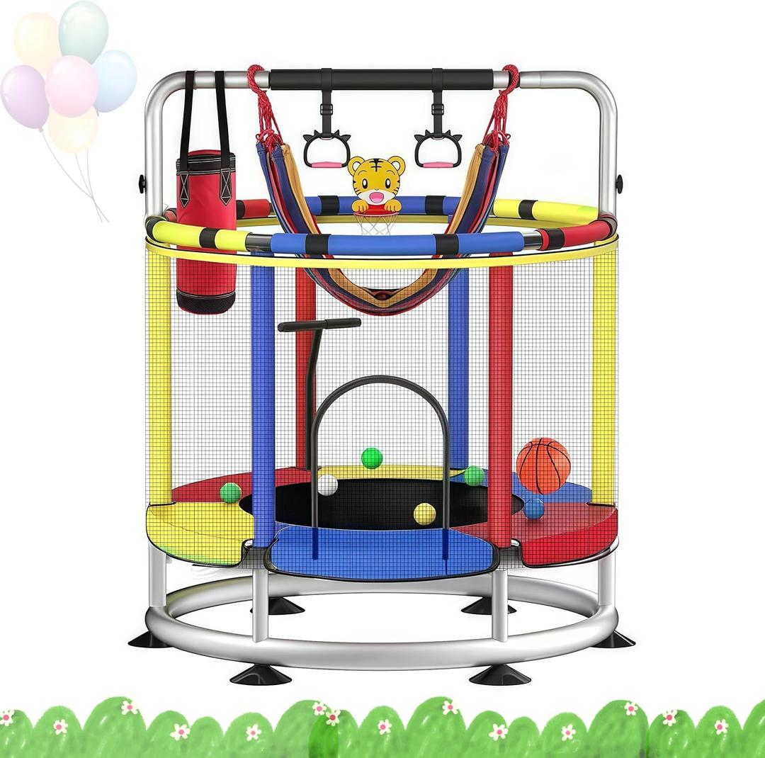 55" Trampoline for Kids with Enclosure, 440lbs Capacity Indoor & Outdoor Toddler Trampoline with Adjustable Gymnastics Bar & Toys, for Boys & Girls