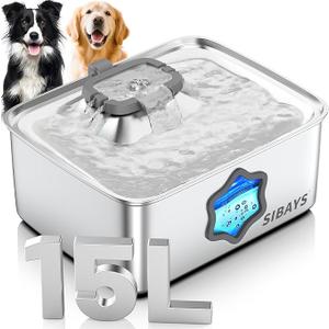 SIBAYS 4Gal/15L Large Dog Water Fountain, Stainless Steel Pet Fountain with Water Window & LED Light, Ultra Quiet Automatic Dog Water Bowl Dispenser for Large Dogs & Multipet, Easy to Clean FS76