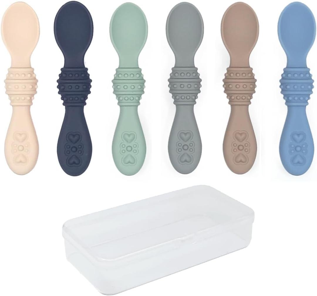 Elk and Friends Silicone Baby Spoons | Travel Case Included | First Stage Infant Toddler Spoon | Baby Led Weaning Stage | Dishwasher Safe (Navy/Sage/MistyBlue/Ivory/Tan/Gray)