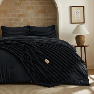 Bedsure Gentlesoft 2-in-1 King Size Comforter Set and Detachable Fluffy Blanket, Black Bedding Set for All Season Use, SnapTech Design for Space Saving (Includes 2 Pillow Shams, 2 Pillowcases)
