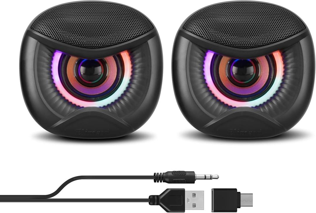 USB Computer Speakers for RGB Lighting, PC Speakers with a USB-C Interface are Suitable for Desktop Laptop Monitor, Owl Eye Design, Colorful Lights