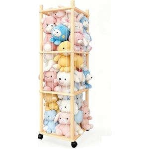 Stuffed Animal Zoo Storage - Sturdy Solid Wood Toy Organizer with Lockable Wheels, Easy-Assemble/Clean, Large Capacity Plush Toy Cage, Space-Saving for Toddler/Playrooms/Bedrooms