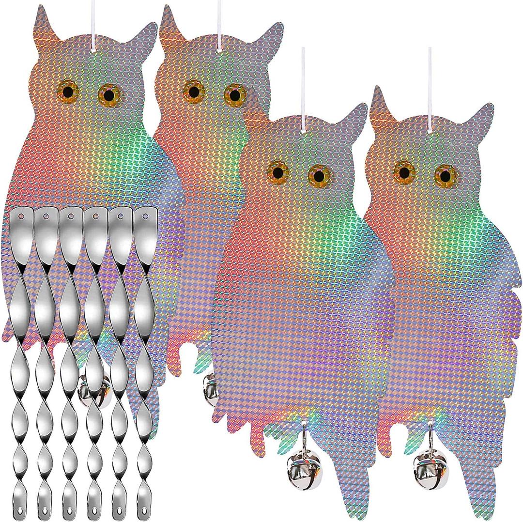 Dyvicl Fake Owl Hanging Reflective Owl for Woodpecker Deterrent 4 Pack, Bonus 6 Reflective Scare Spiral Rods