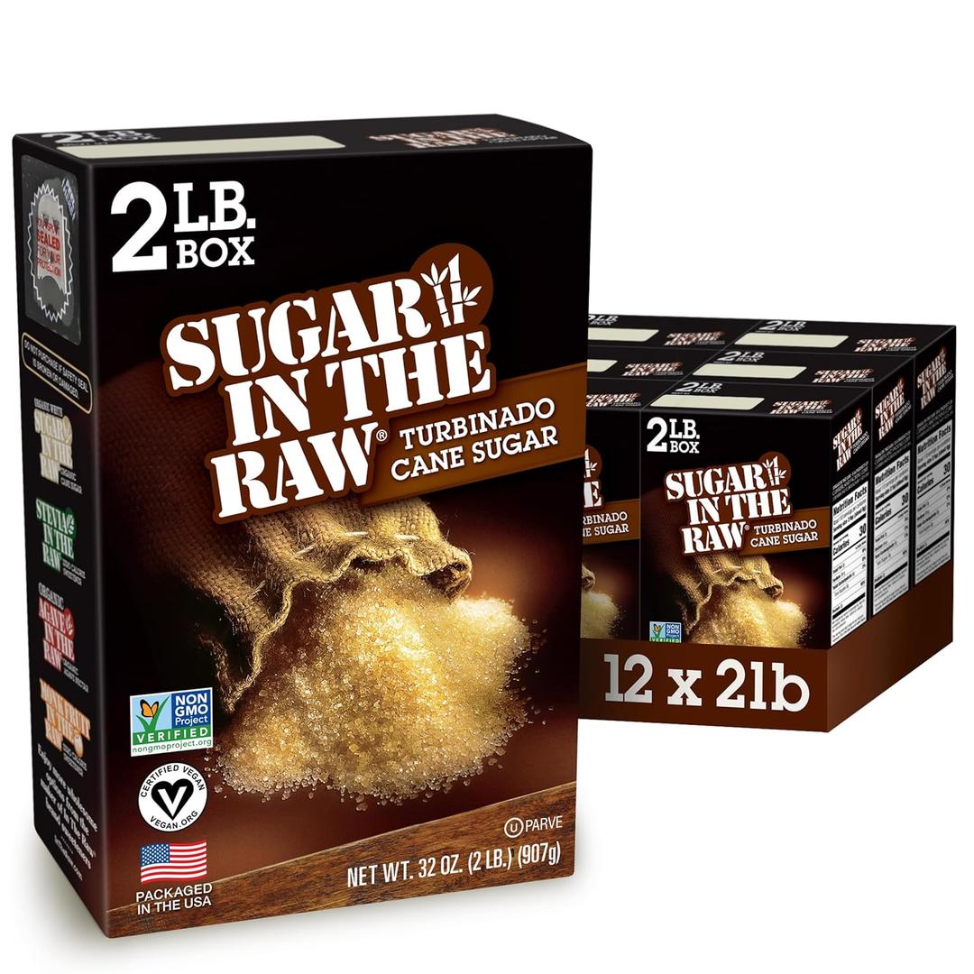 Sugar In The Raw Granulated Turbinado Cane Sugar, No Erythritol, Pure Natural Sweetener, Hot & Cold Drinks, Coffee, Cooking, Baking, Vegan, Gluten-Free, Non-GMO, Bulk Sugar, 2 Pound (Pack of 12), BB Date 06/19/2028
