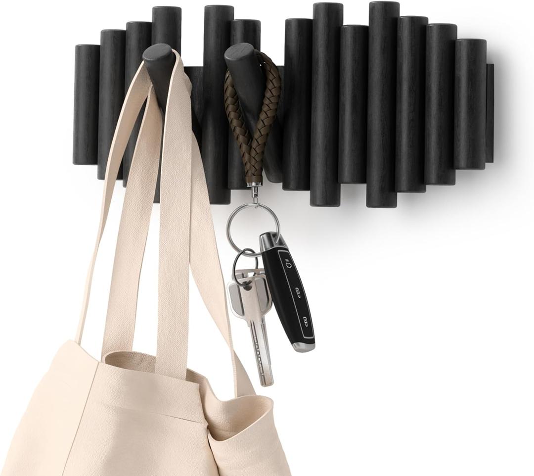 Umbra Picket Wall-Mounted Coat Rack Rail Hook with 5 Retractable Wood Pegs  Modern, Space-Saving Storage Organizer, Black