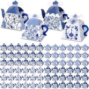 Fullhawl 48 Pcs Tea Party Favor Boxes Candy Blue and White Treat Gift Boxes Chinoiserie Teapot Favor Boxes Tea Time Party Decorations with Chinoiserie Floral Print for Wedding Bridal Tea Party Guest