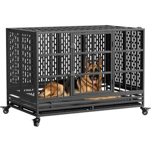 48 Inch Heavy Duty Dog Crate with Wheels, Metal Big Dog Cage for Large and Medium Dogs, Extra Large XL XXL Indestructible Dog Crate with Removable Tray.